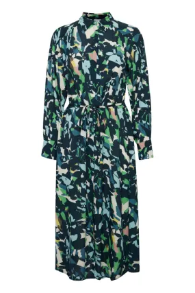 1636- Long Sleeve Midi Dress- Navy/Green Mix Mix- Fransa