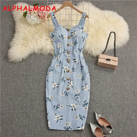 ALPHALMODA 2019 Summer Women Padded Tank Dress Single Breasted