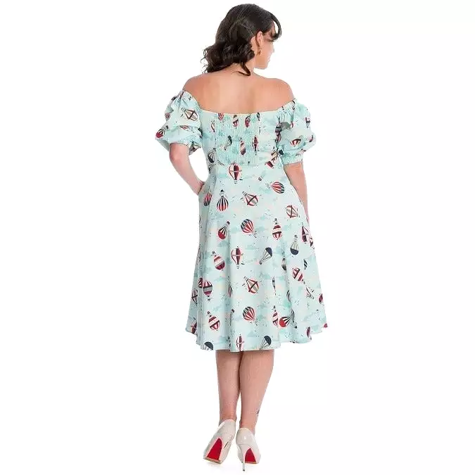 Aqua Blue Hot Air Balloon Print Puff Sleeve Vintage Style Swing Dress