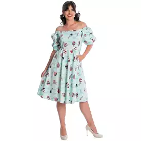 Aqua Blue Hot Air Balloon Print Puff Sleeve Vintage Style Swing Dress