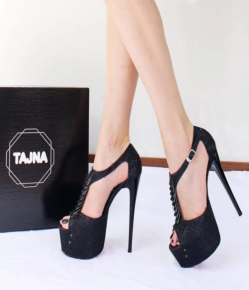 Black Shimmer Ankle Strap Peep Toe High Heel Platform Shoes