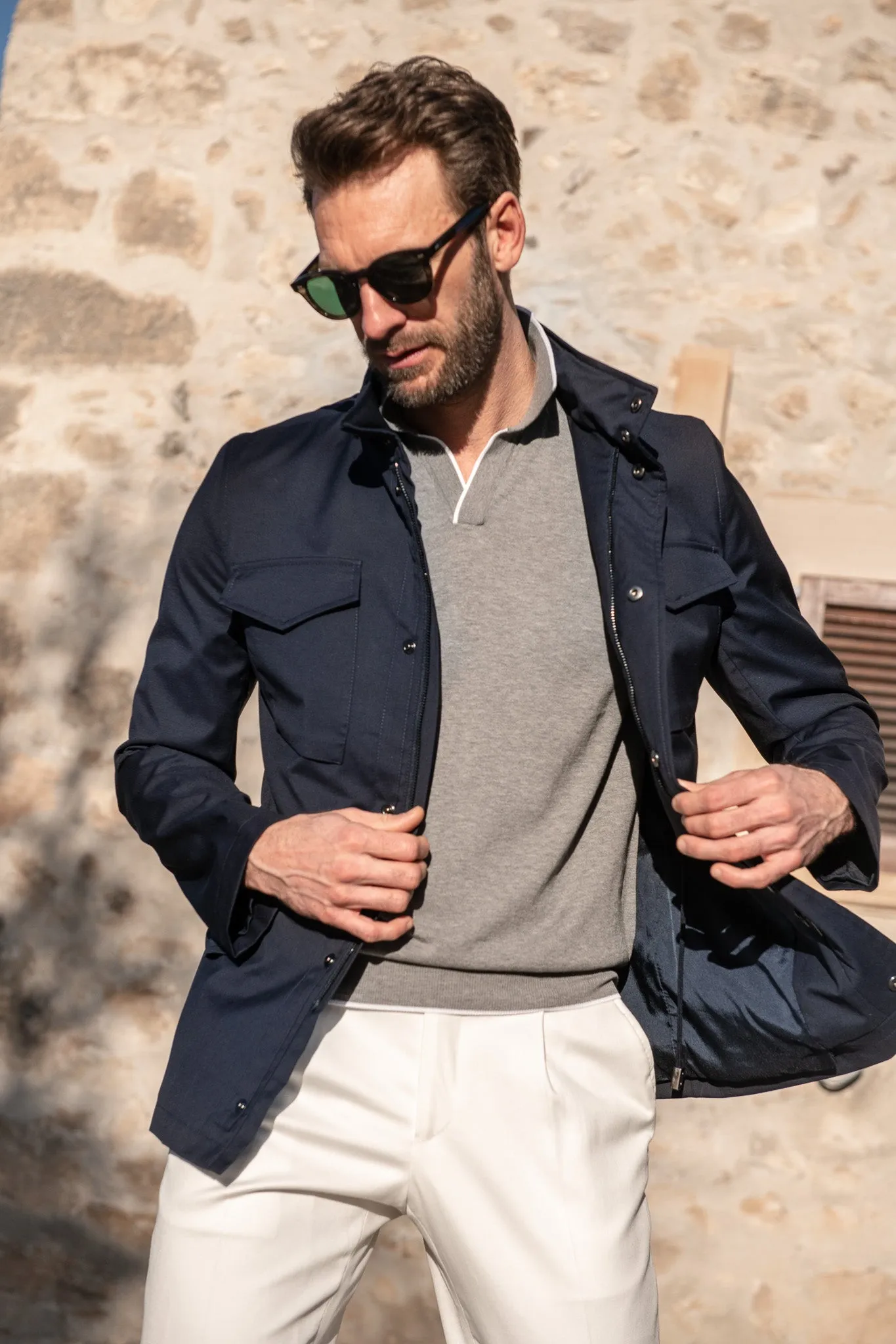 Blue field jacket in Loro Piana Green Storm System® wool - Made in Italy