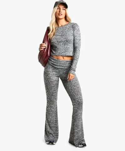 boohoo Womens Marl Rib Long Sleeve Crop Top And Flare Trouser Set