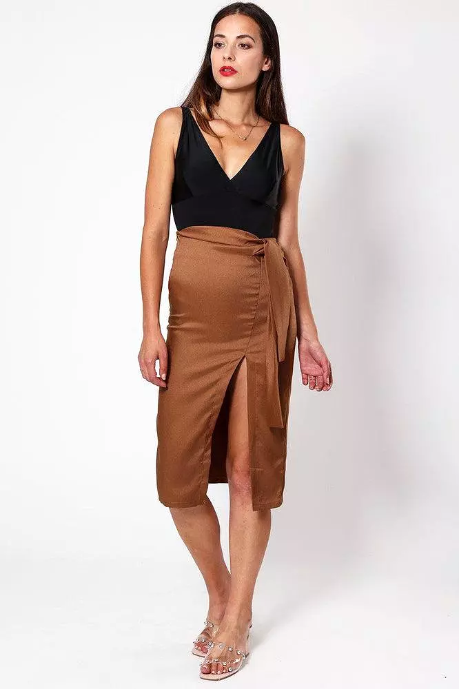 Brown Belted Slit Pencil Skirt