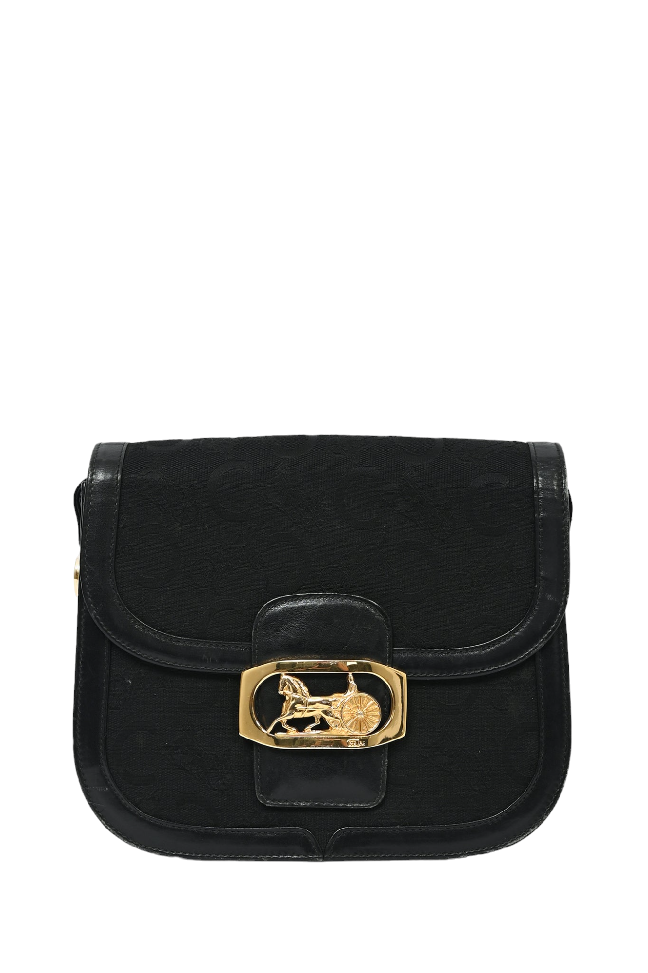 Celine Vintage Black Macadam Canvas Horse Carriage Shoulder Bag