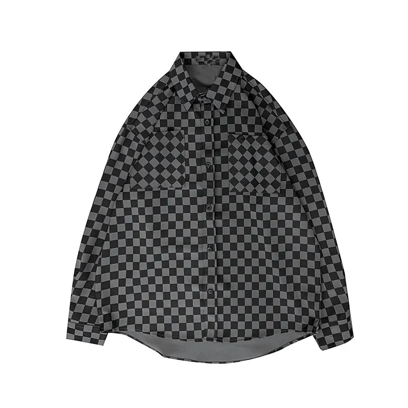 Checkerboard Men's Long-sleeved Spring Japanese Loose Coat Shirt