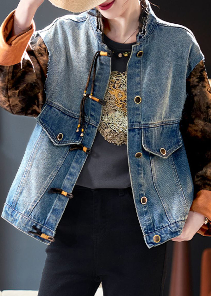 Chic Blue Button Print Patchwork Denim Coat Spring QA1008