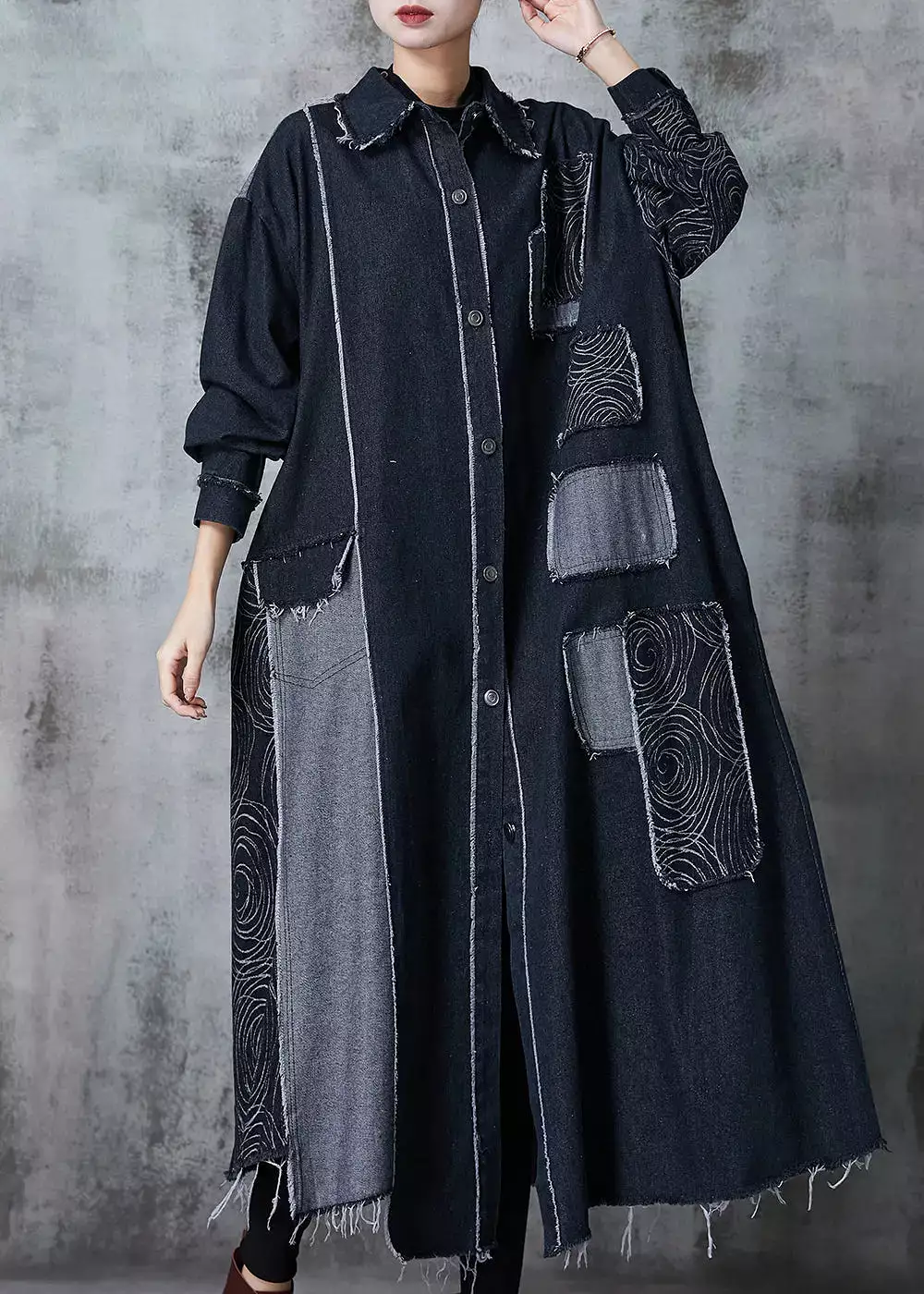 Classy Black Oversized Patchwork Applique Denim Coat Spring JK1028