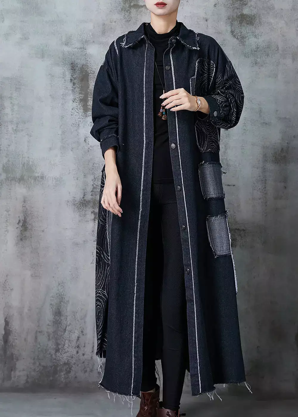 Classy Black Oversized Patchwork Applique Denim Coat Spring JK1028