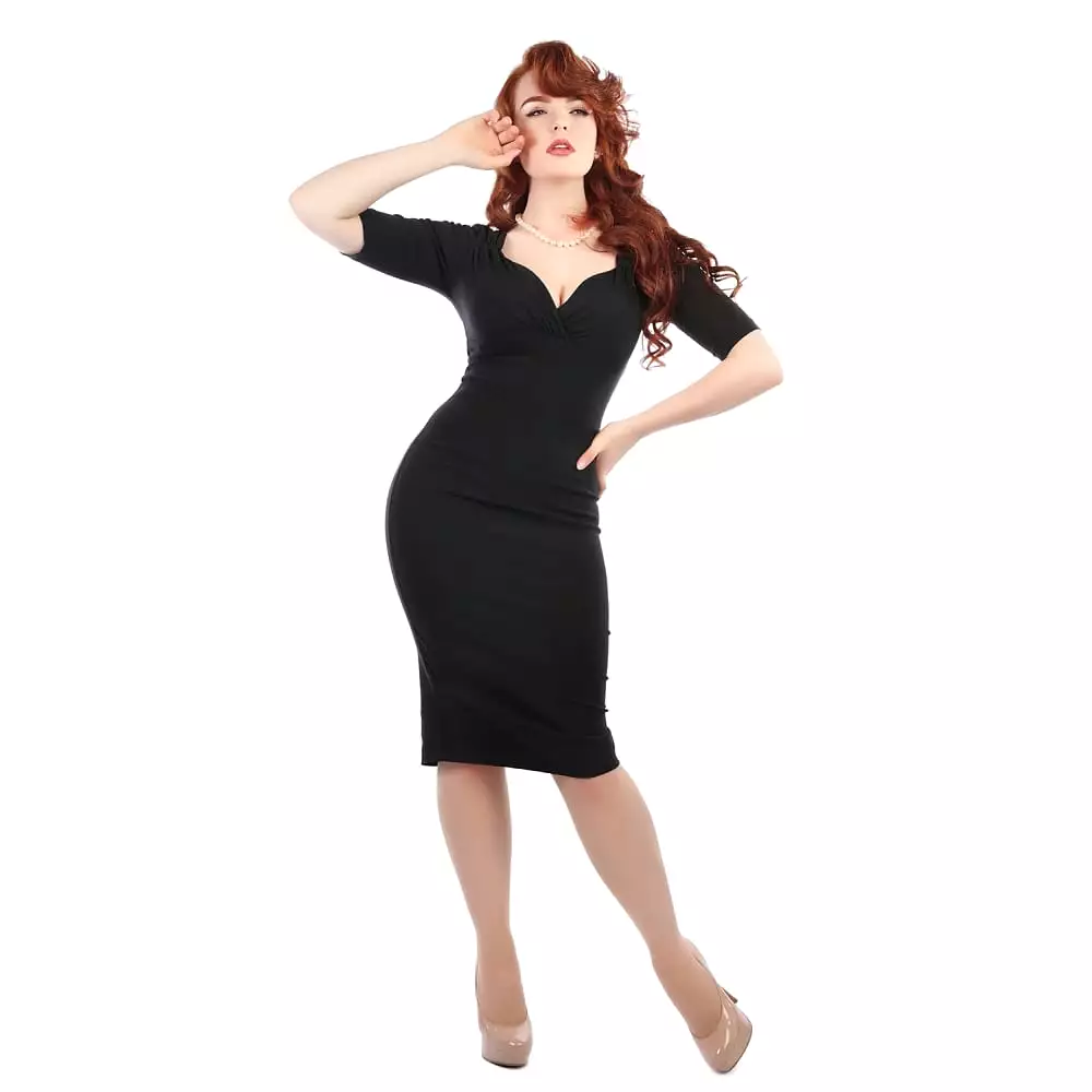 Collectif Black Half Sleeve Sweetheart Neckline Wiggle Pencil Dress