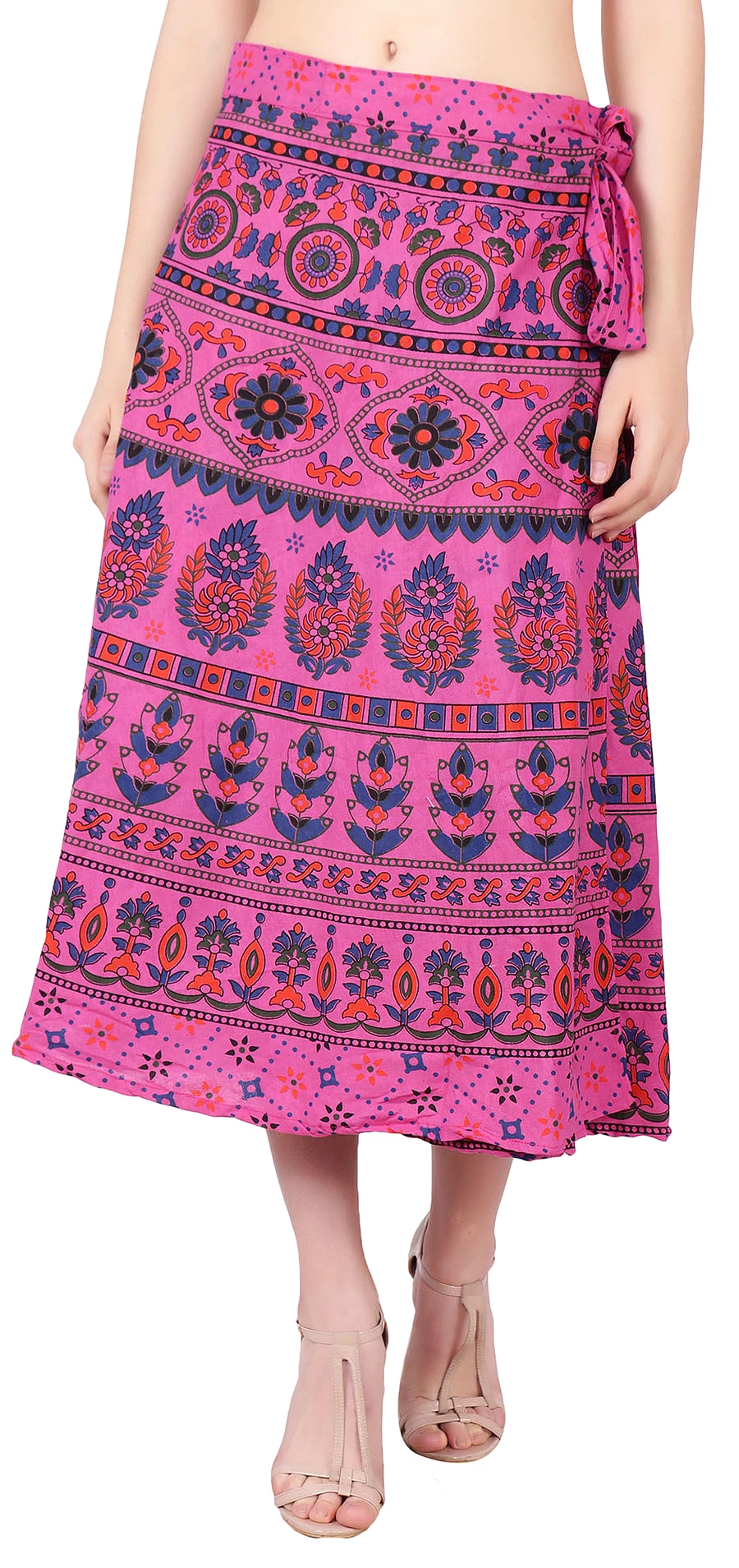 Cotton Printed Wrap Around Skirt Women's India Clothes (Pink, One Size)