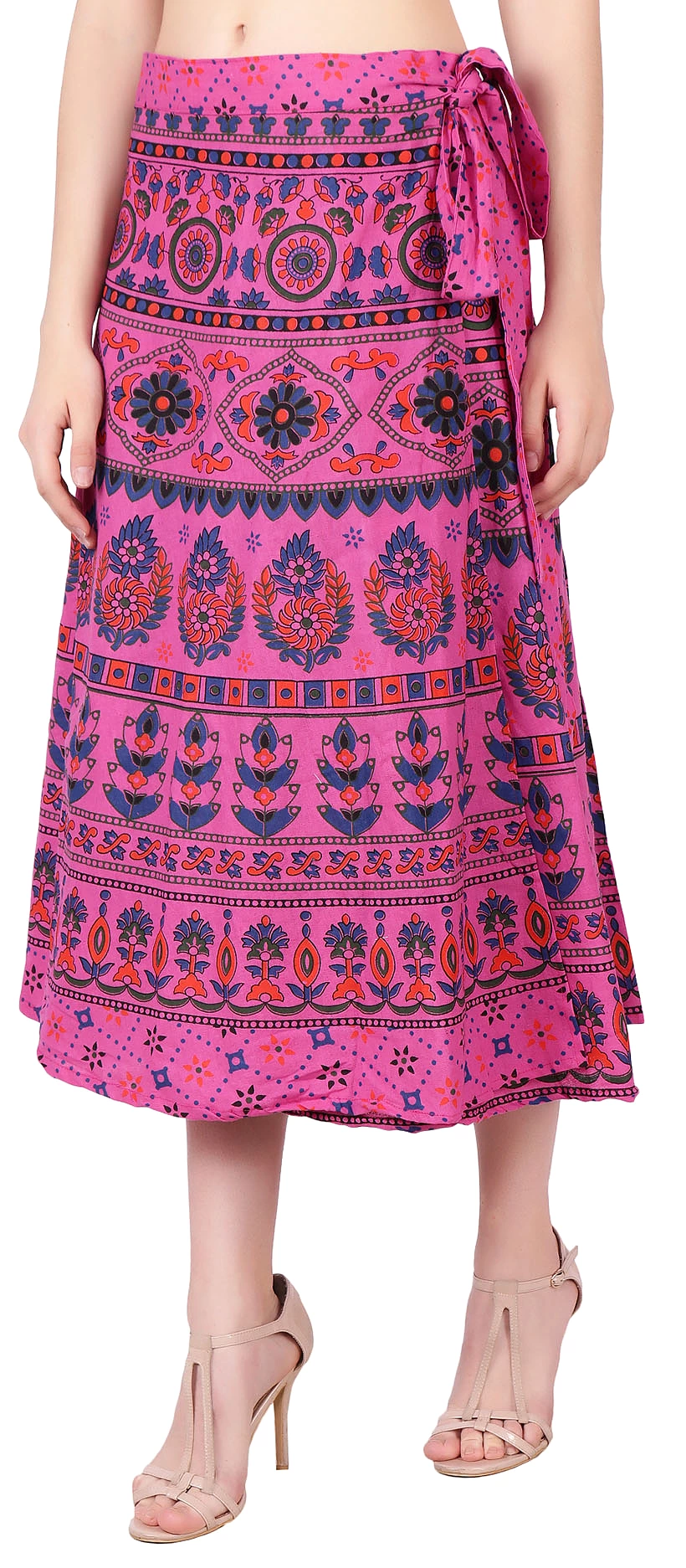 Cotton Printed Wrap Around Skirt Women's India Clothes (Pink, One Size)