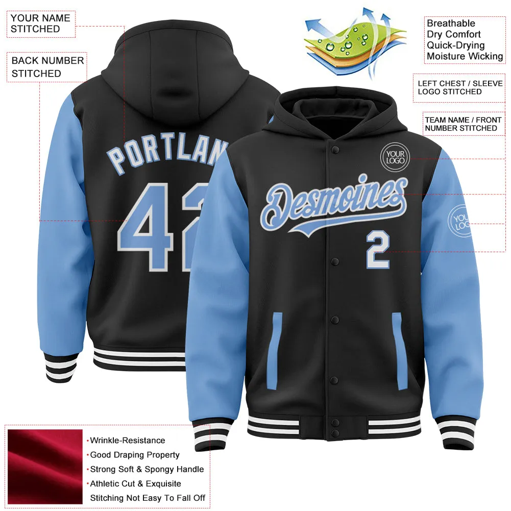 Custom Black Light Blue-White Bomber Full-Snap Varsity Letterman Two Tone Hoodie Jacket