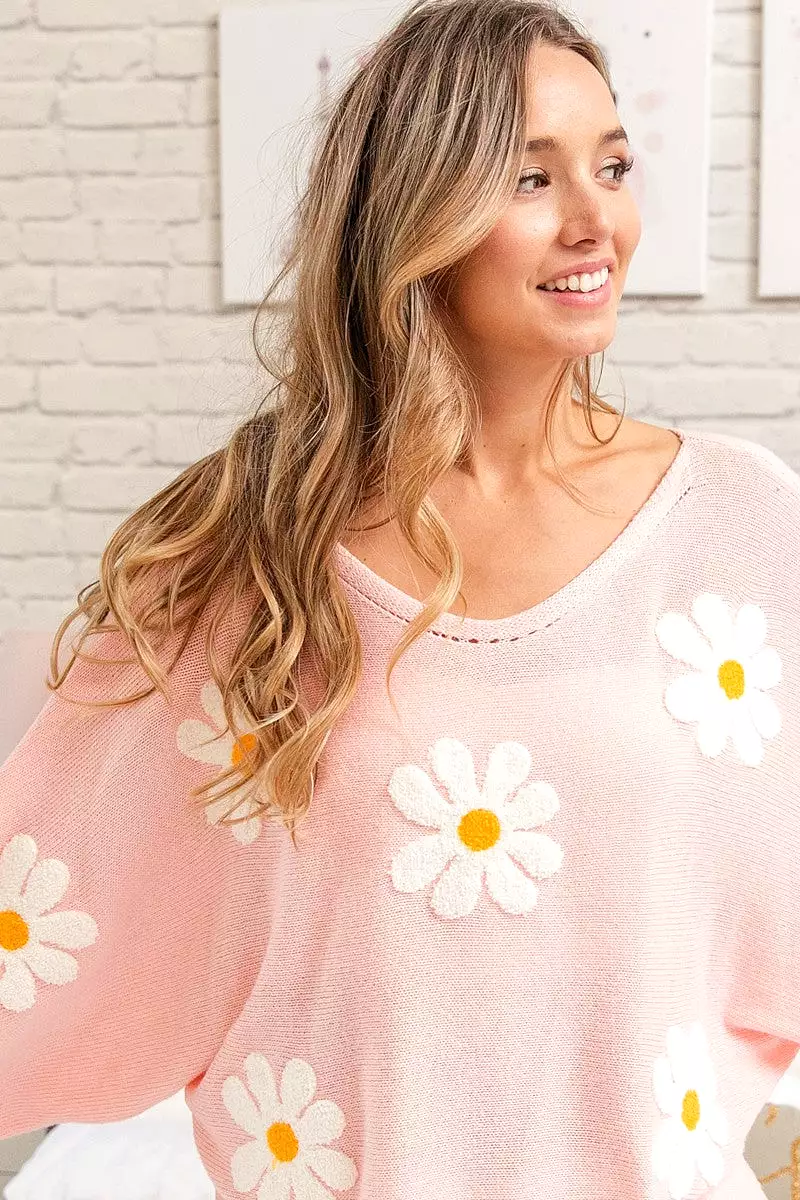 Daisy Flower Embroidery Loose Fit Knit Top