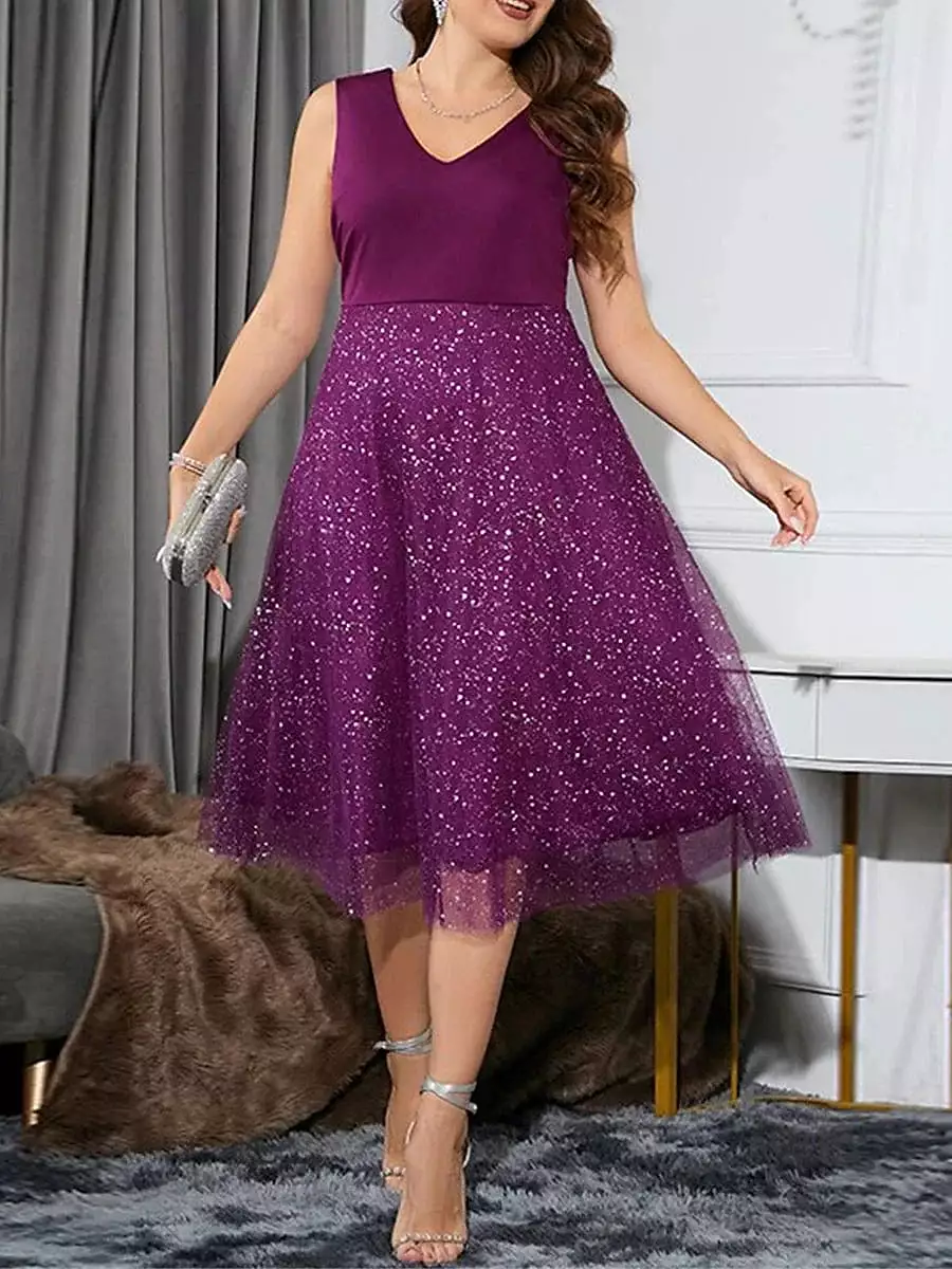 Dark Green and Purple Polka Dot Mesh Party Dress for Plus Size Women