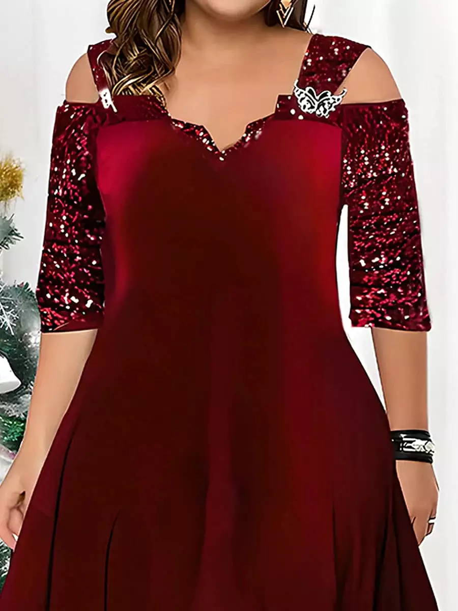 Dazzling Wine Red Velvet Sequin Maxi Dress for Plus Size Women