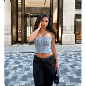 Denim Summer Single Breasted Strapless Crop Top