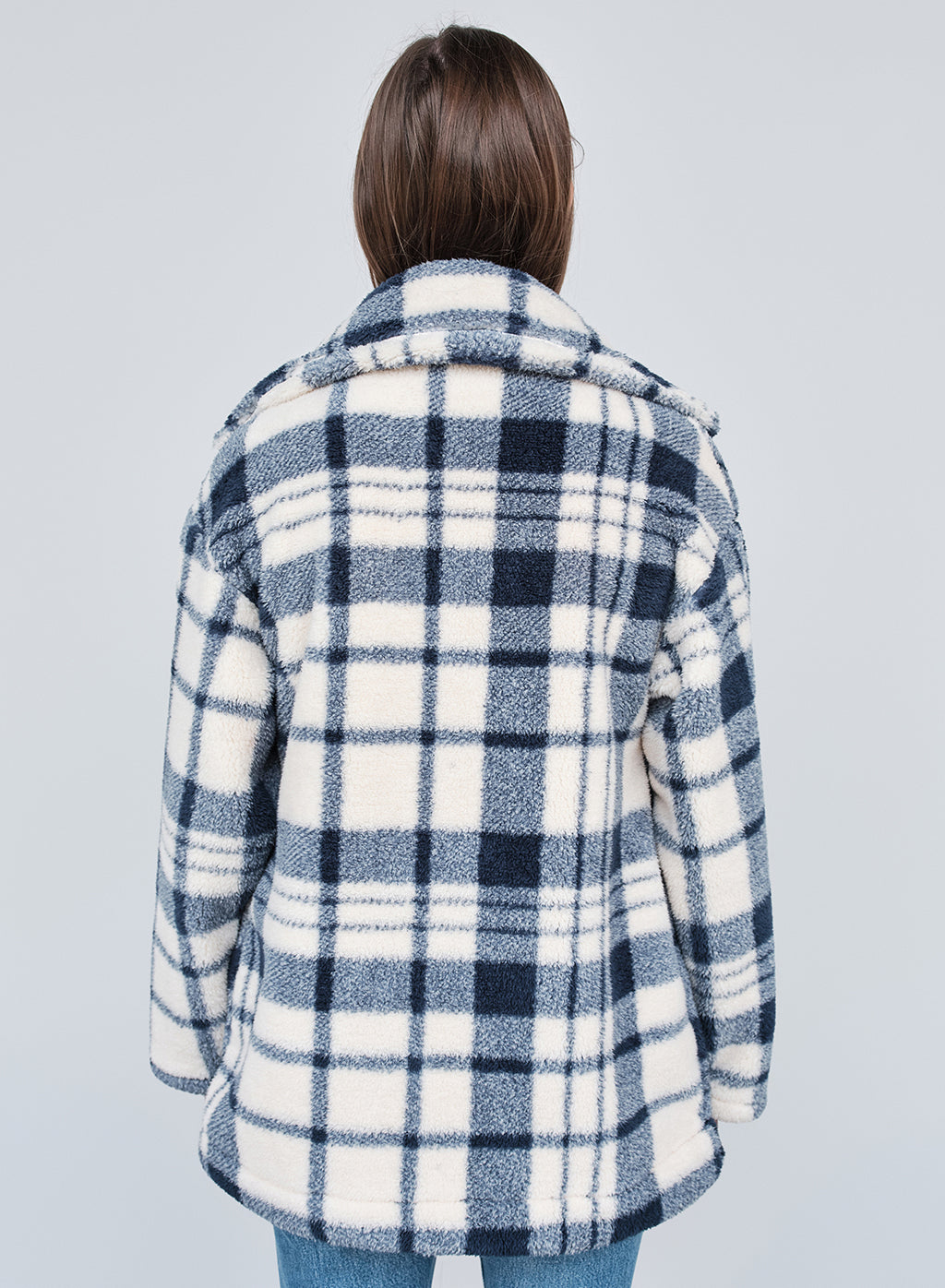 Double Faced Sherpa Jacket in Navy/Cream Plaid