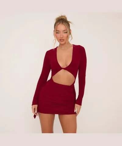 EGO Long Sleeve Plunge Neck Cut Out Front Bodysuit In Burgundy Slinky