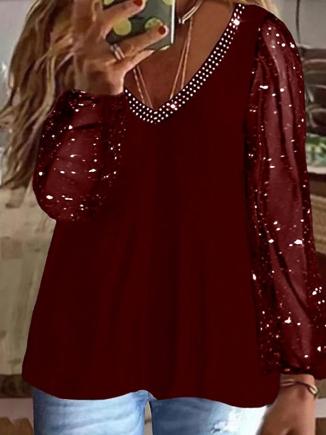 Elegant Mesh and Rhinestone Detail Plus Size Women's Blouse