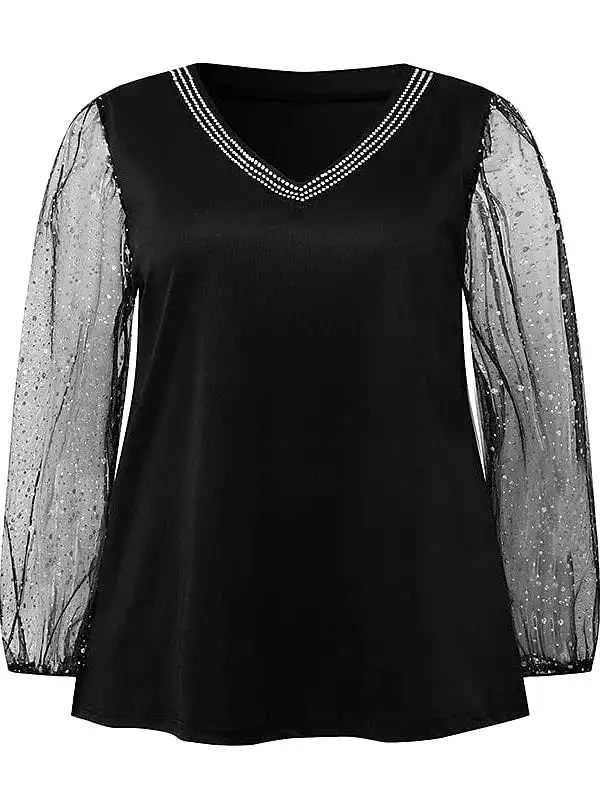 Elegant Mesh and Rhinestone Detail Plus Size Women's Blouse