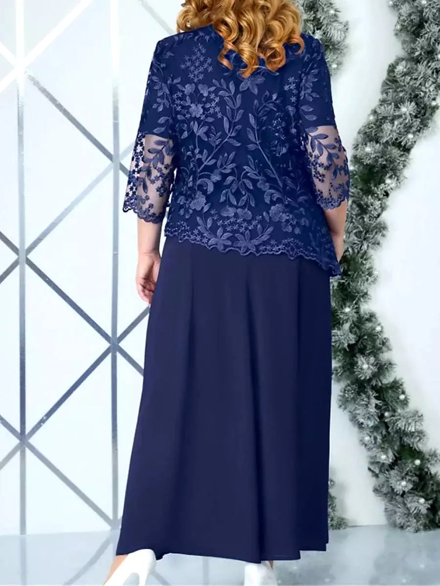 Elegant Navy Blue Lace Midi Dress for Plus Size Women