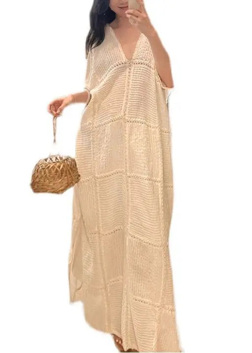 Elegant White V Neck Hollow Out Side Open Knit Dresses Half Sleeve CG1013