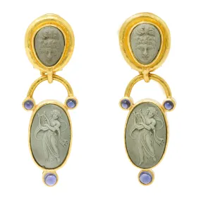 Elizabeth Locke Carved Hardstone Iolite 18 Karat Gold Cameo Drop Earrings