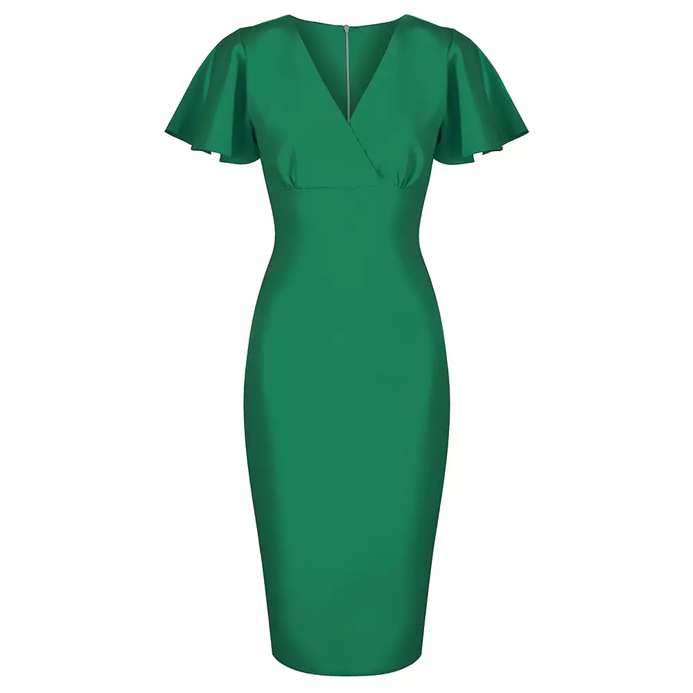 Emerald Green Half Sleeve Deep V Neck Crossover Top Wiggle Dress