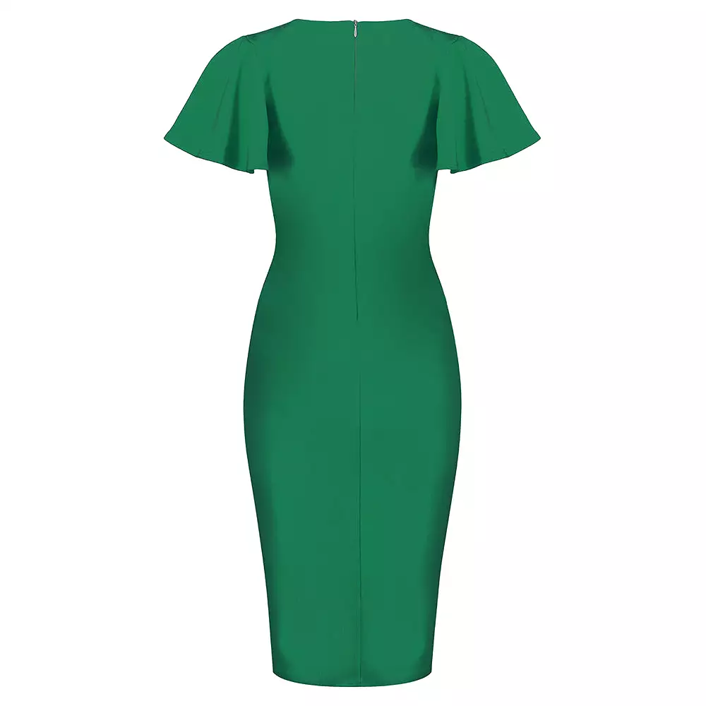 Emerald Green Half Sleeve Deep V Neck Crossover Top Wiggle Dress