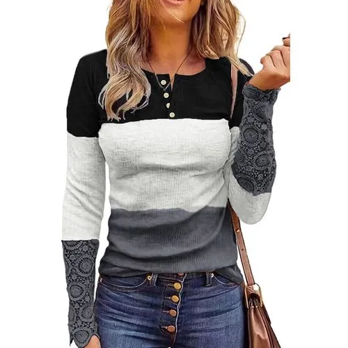 Fashion Stripe Polyester Round Neck Long Sleeve Regular Sleeve Patchwork T-shirt