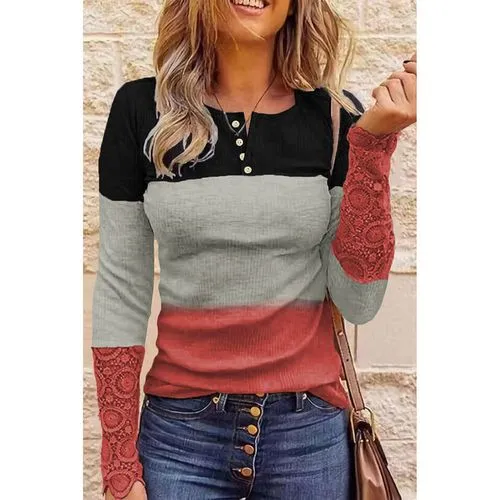 Fashion Stripe Polyester Round Neck Long Sleeve Regular Sleeve Patchwork T-shirt