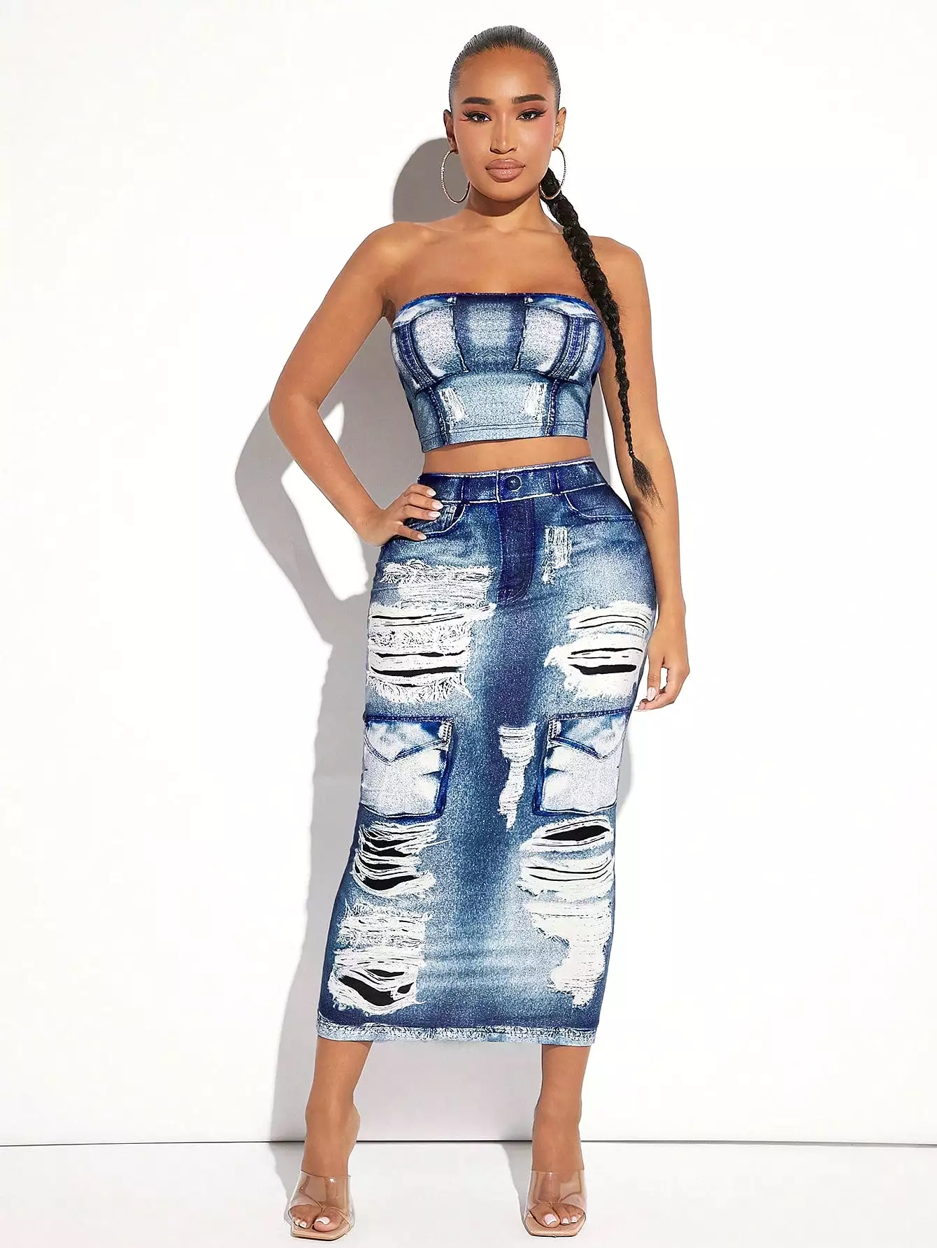 Faux Denim Pattern Tube Top Pencil Skirt Set