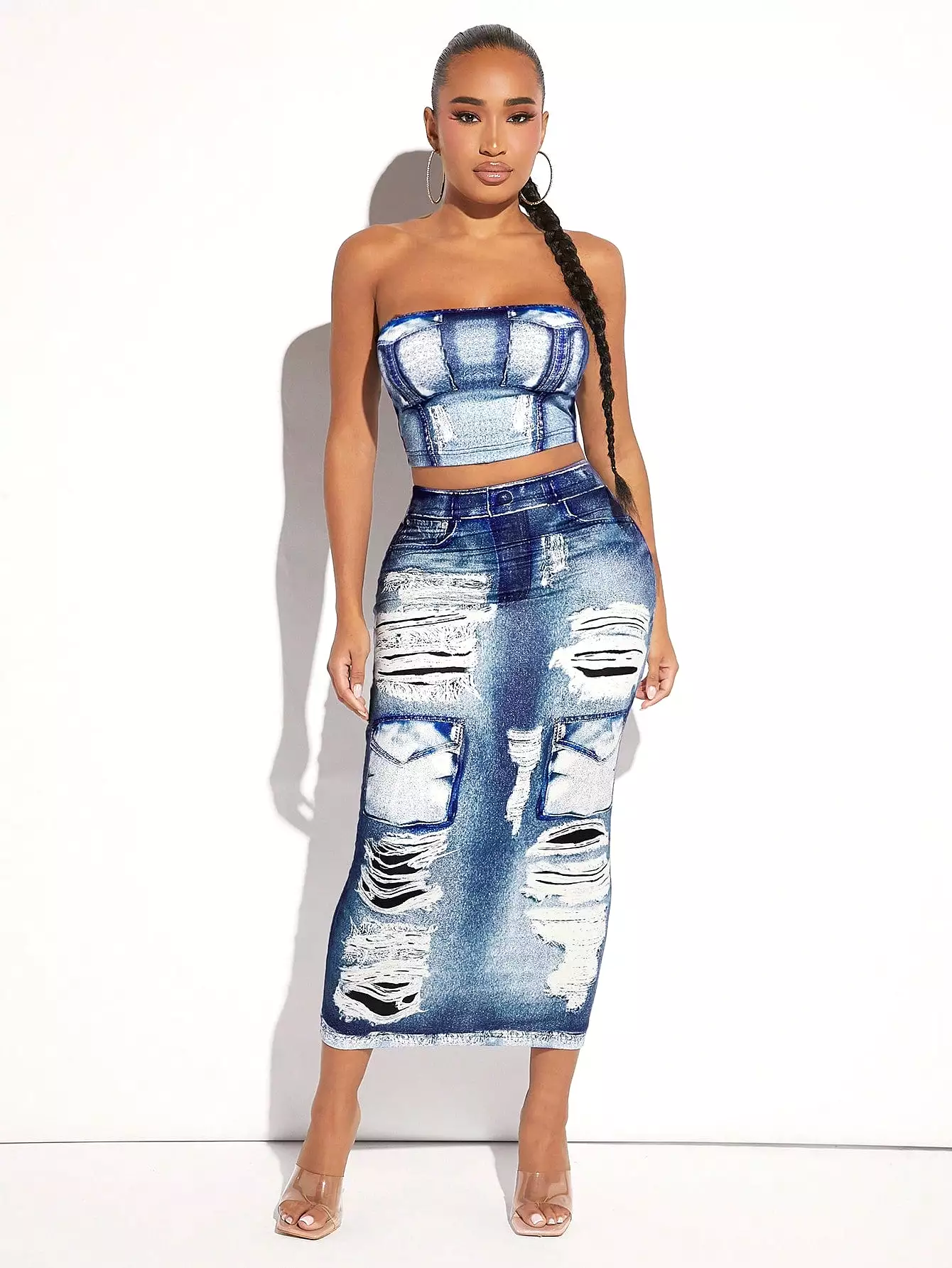 Faux Denim Pattern Tube Top Pencil Skirt Set