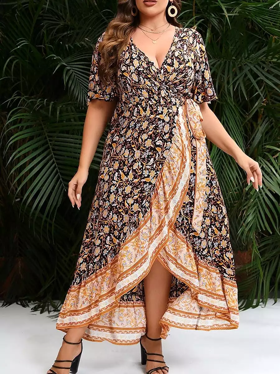 Floral Print Long Sleeve V-Neck Maxi Dress for Plus Size Women