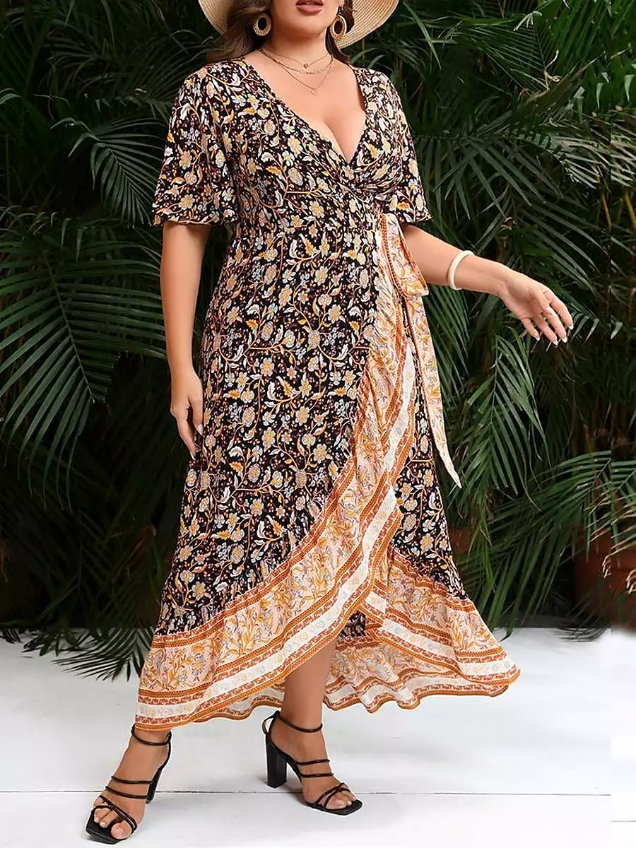 Floral Print Long Sleeve V-Neck Maxi Dress for Plus Size Women