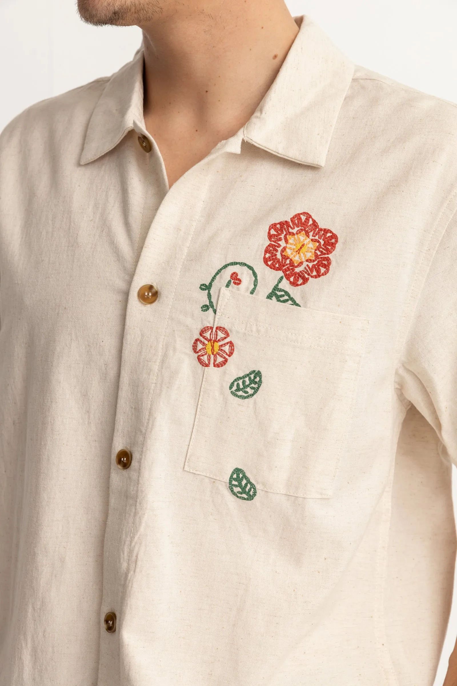 Flower Embroidery Ss Shirt Natural