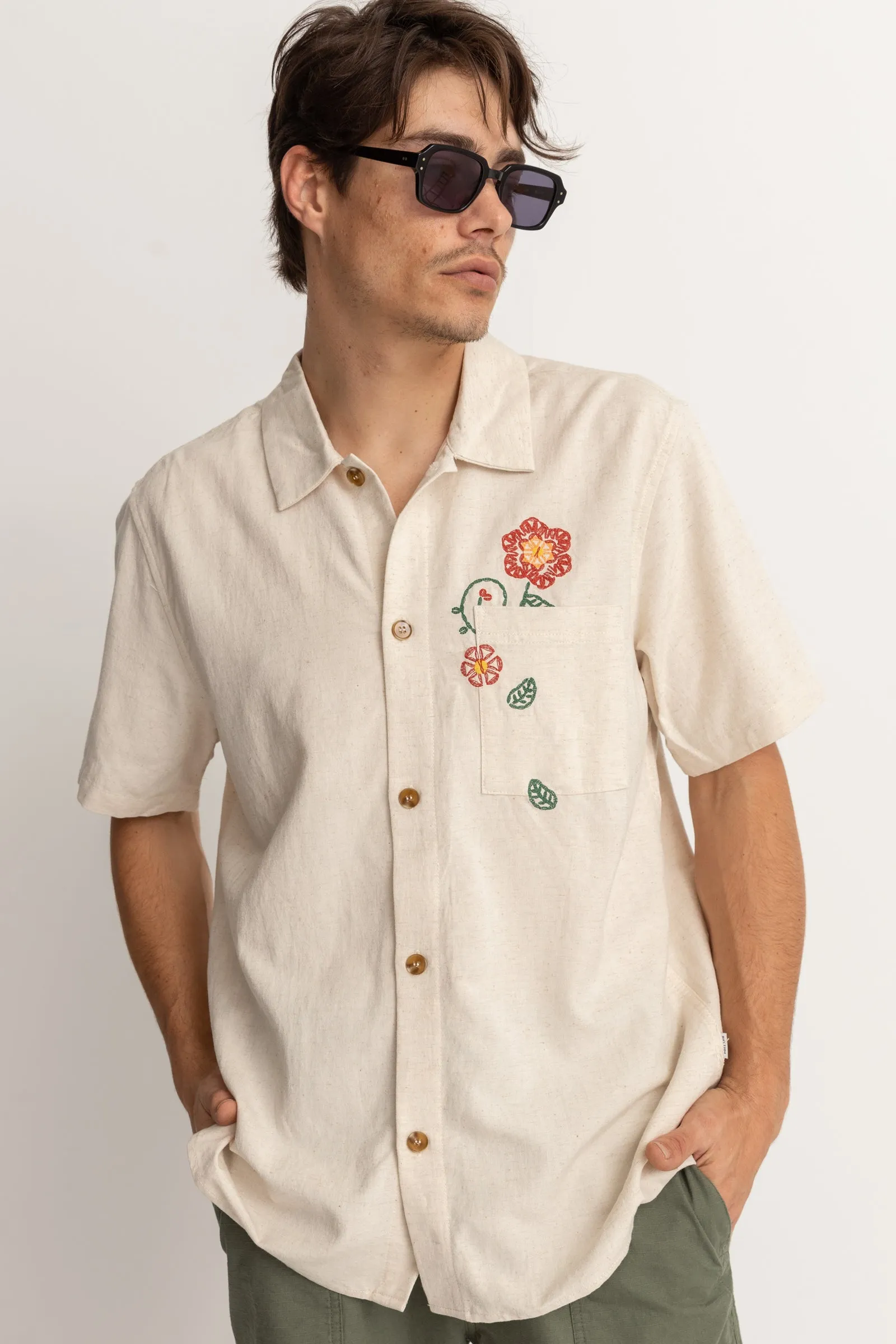 Flower Embroidery Ss Shirt Natural