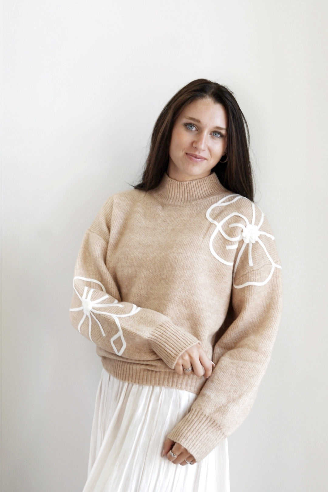 Fray Flower Embroidery Mock Neck Sweater