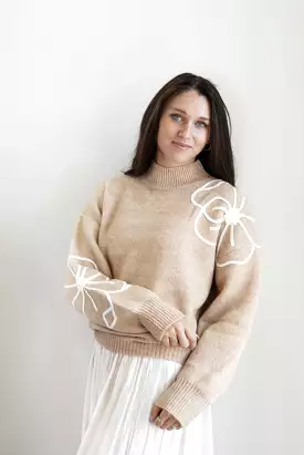 Fray Flower Embroidery Mock Neck Sweater