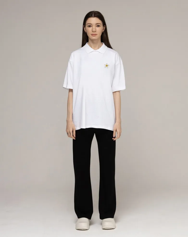 GRAVER  |[GRAVER]WHITE FLOWER SMILE EMBROIDERY COLLAR SHORT SLEEVE T