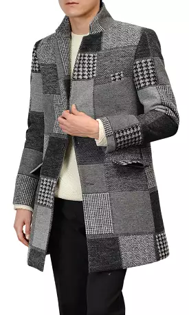 Gray Patchwork Checkered Single Breasted Two Button Wool Blend Coats