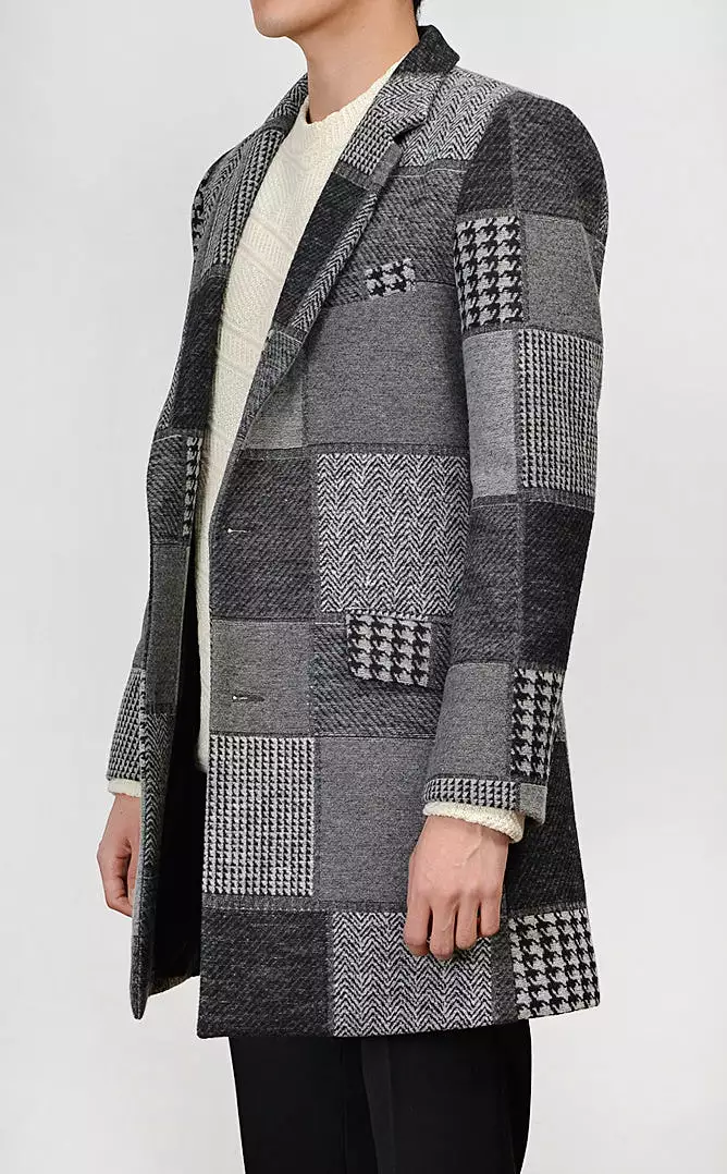 Gray Patchwork Checkered Single Breasted Two Button Wool Blend Coats