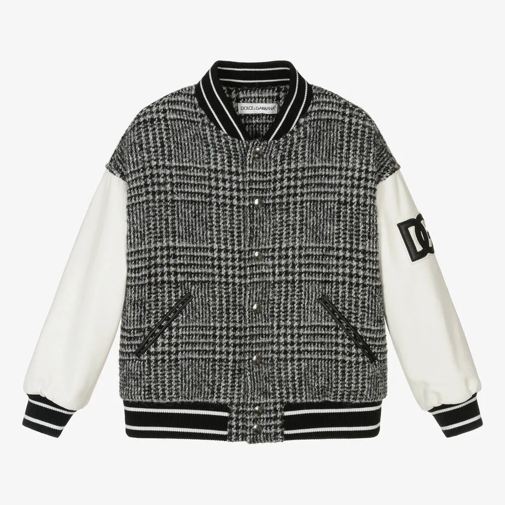 Grey Wool Check Varsity Jacket