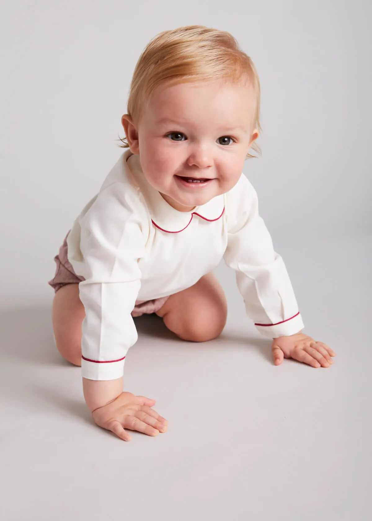 Herringbone Peter Pan Collar Long Sleeve Two Piece Set in Red (6mths-2yrs)