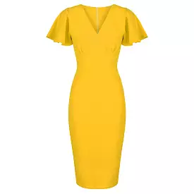 Honey Yellow Half Sleeve Deep V Neck Crossover Top Wiggle Dress