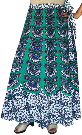 India Skirt Women's Long Cotton Wrap Around (Green, One Size)