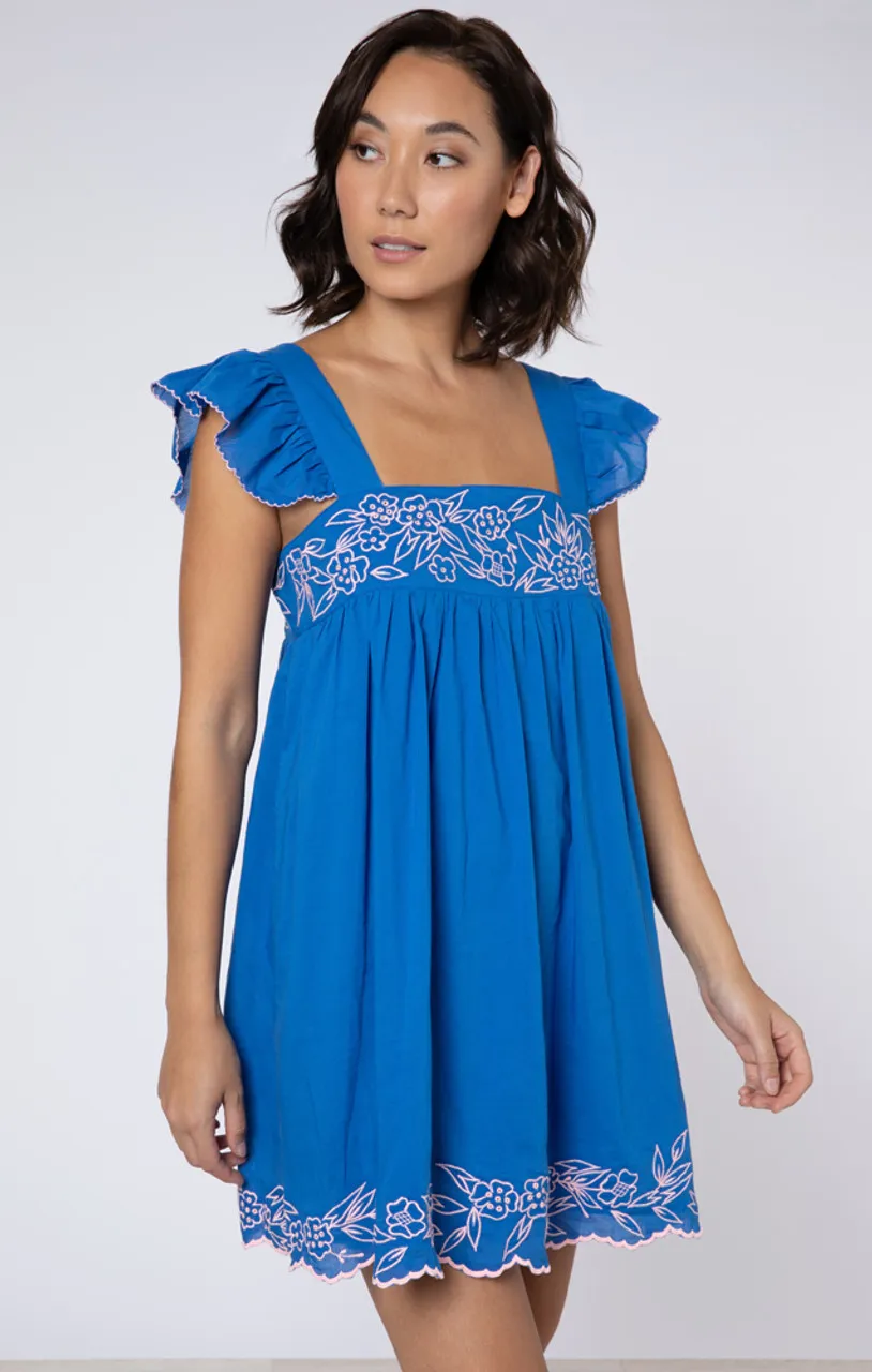 Juliet Dunn Baby Doll Dress, Flower Embroidery Royal Blue Candy