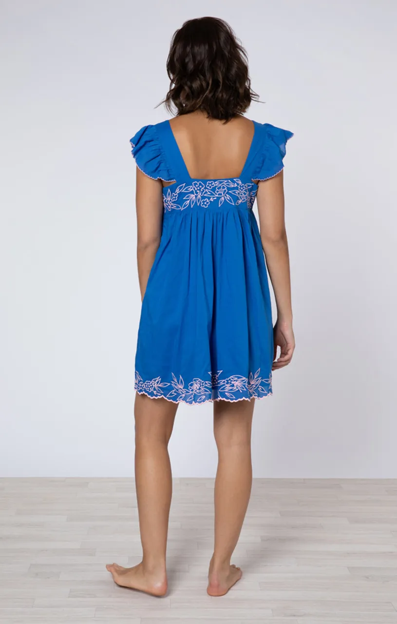 Juliet Dunn Baby Doll Dress, Flower Embroidery Royal Blue Candy