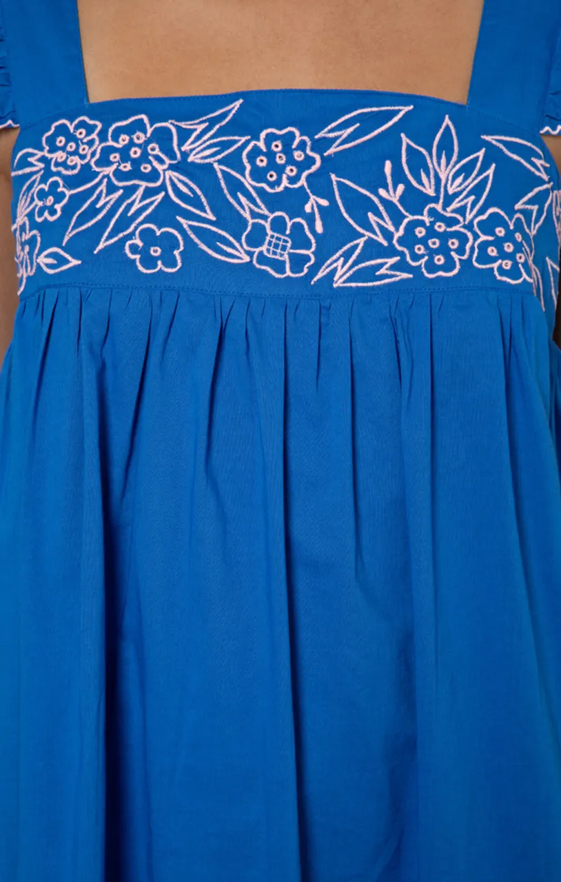 Juliet Dunn Baby Doll Dress, Flower Embroidery Royal Blue Candy